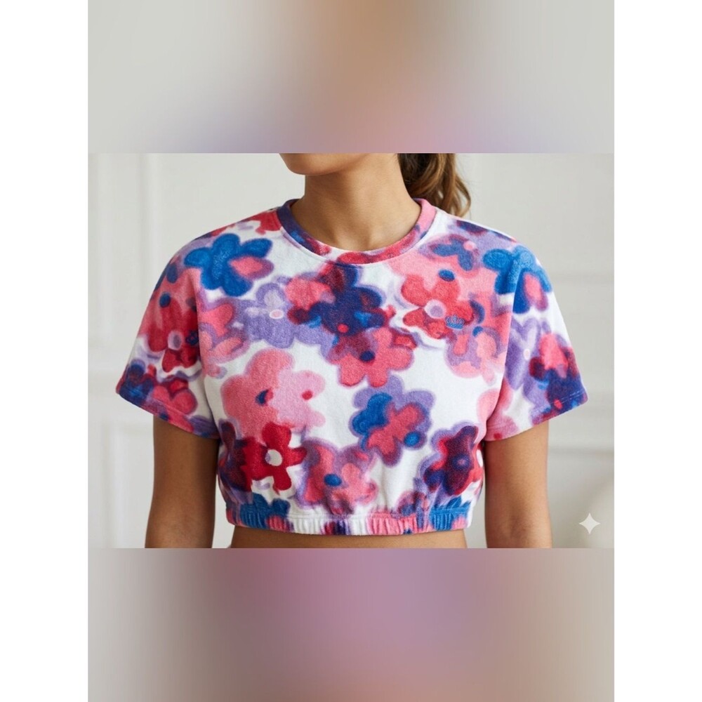 Juicy by Juicy Couture Terry Cloth Crop Top Size S Floral Pink Blue Y2K Retro
